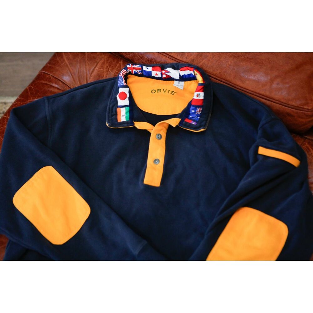 Orvis Navy Rugby Pullover Sweatshirt XL Yellow Elbow Patches Flag Collar